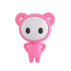 Obraz premium Cute 3D render Little Pink Monster character standing with hands on hips, confident and assertive mascot style, isolated on white background for leadership, attitude, and digital design.