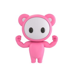 Cute 3D render Little Pink Monster character flexing muscles to show strength, confident and powerful mascot style, isolated on white background.