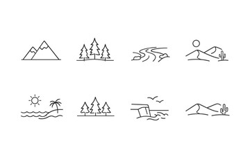 Fototapeta premium Minimal line landscape icons set featuring mountains, forest trees, winding river, desert dunes, tropical beach with sun, sea waves, and birds