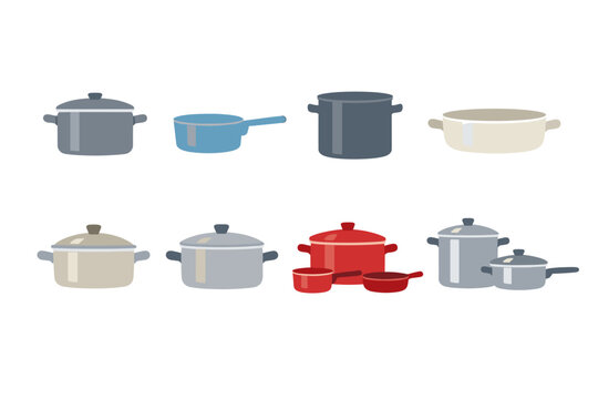 Flat vector set of assorted cooking pots, saucepans, and lidded casseroles in various colors, arranged in two rows on a white background