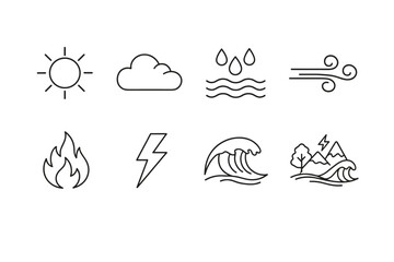 Obraz premium Minimal line icon set of weather and natural elements featuring sun, cloud, rain, wind, fire, lightning, ocean wave, and landscape symbols