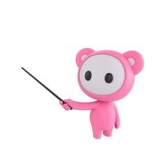 Cute 3D render Little Pink Monster character holding a pointing stick and gesturing to the side, looking upward with a confident and instructive pose, isolated on white background.