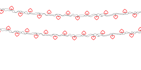 Red heart shapes forming a romantic garland that creates a seamless decorative border perfect for Valentine’s Day cards, wedding stationery, anniversary greetings and festive holiday vector artwork
