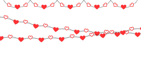 Hanging red paper hearts arranged as a seamless Valentine garland border ideal for celebration designs, party posters, Mother’s Day messages and transparent vector romantic frames
