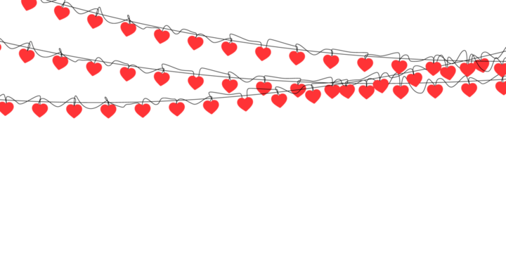 Seamless frame made of red hearts garland with paper-style hanging ornaments suited for Valentine’s Day cards, wedding celebration graphics, banners and transparent vector backgrounds
 - Powered by Adobe