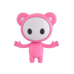 Obraz premium Cute 3D render Little Pink Monster character standing with arms spread in a surprised reaction, isolated on white background.