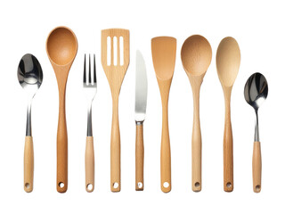 Set of wooden cooking tools and cutlery for home use, great for everyday meals or as a decorative display