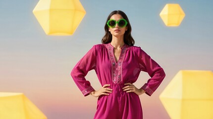 Model poses in colorful outfit with large sunglasses against abstract background Generative AI