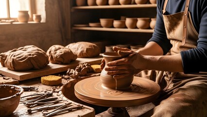 Potter at work in a studio shaping a clay cup on a wheel