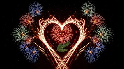Colorful Heart Shaped Firework Display with Light Trails for Festive Celebration.