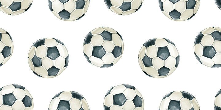 Watercolor hand drawn seamless pattern with black and white football or soccer ball. Illustration clipart isolated on white background