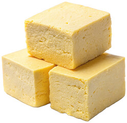 Soft, pale yellow cubed Japanese castella sponge cake with a delicate crumb structure and slightly browned edges, stacked artfully to showcase its airy texture,, isolated on transparent background.