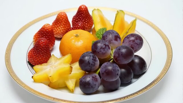 Fresh fruit platter with strawberries grapes and starfruit on plate