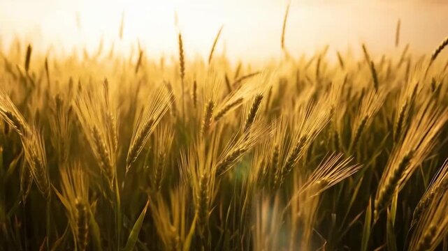 Golden wheat field glows in the sunlight, creating a warm and inviting scene.
