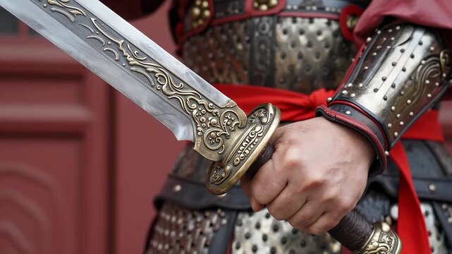 Close up of warrior in armor holding engraved sword