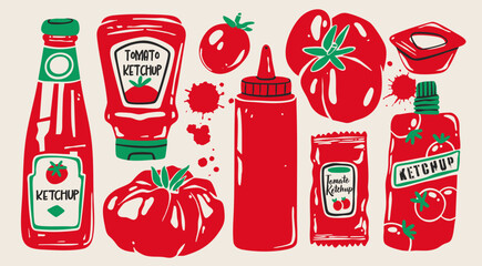 Various Ketchup sauces in bottles, tomatoes. Different container shapes. Plastic, squeeze, glass bottles, soft package, small bag, sauce cup. Hand drawn Vector illustration. Isolated design elements 