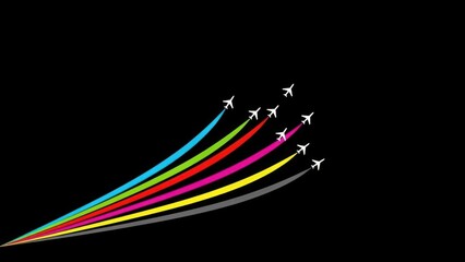 Airplanes flying in formation with colorful trails against black background