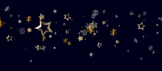 Fototapeta premium Festive holiday background featuring gold stars, snowflakes, and a dark blue night sky. Perfect for Christmas,
