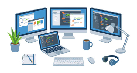 Programmer workstation with multiple screens coding software