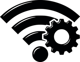 vector illustration of wi-fi or wi fi symbol with gear. concept of connection settings, technical support, and internet configuration. solid design with black and white fills