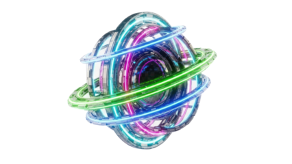 Abstract Neon Orbs with Rings, Isolated on Transparent Background