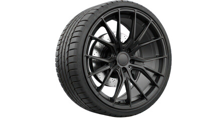 Black Alloy Sports Car Wheel and Tire Isolated