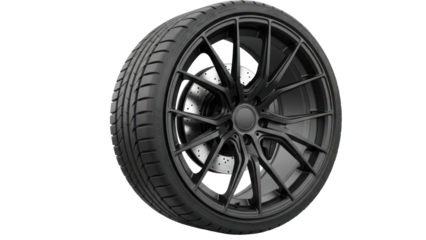 Black Alloy Sports Car Wheel and Tire Isolated