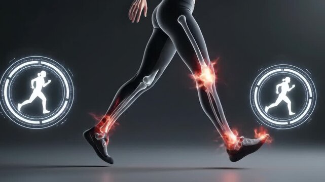 Anatomical illustration of human leg with glowing joints and running icons