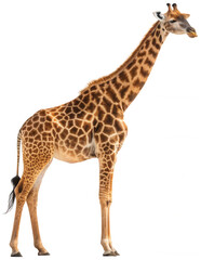 Fototapeta premium A realistically rendered, slender adult giraffe with a distinctive patterned coat of brown and cream markings, stands gracefully in a three-quarter profile view,, isolated on transparent background.