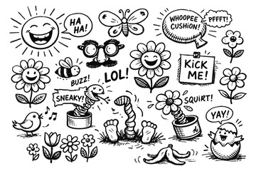 Playful doodles of comic faces and whimsical objects in black and white