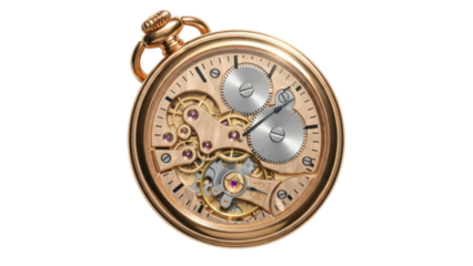 Luxury gold pocket watch movement mechanism isolated on transparent background