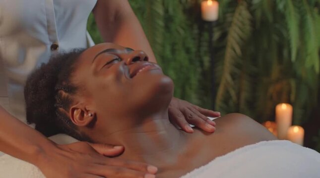 Black woman receiving a soothing neck and shoulder massage at a luxury spa. Concept of self-care, relaxation, and holistic beauty treatment.