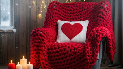 Cozy red armchair with heart pillow and candles in winter setting