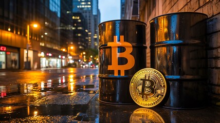 Bitcoin symbol on oil barrels in urban night setting
