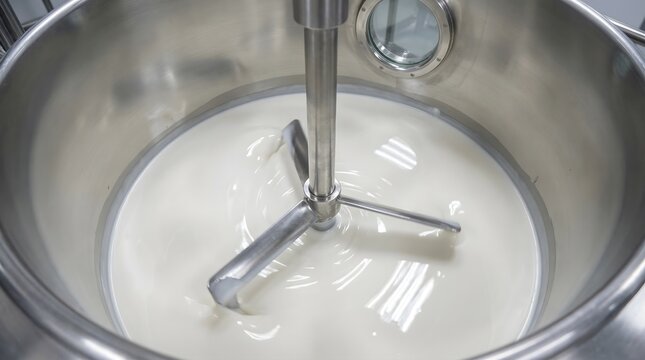 Stainless steel industrial mixer blending white liquid in large cylindrical tank