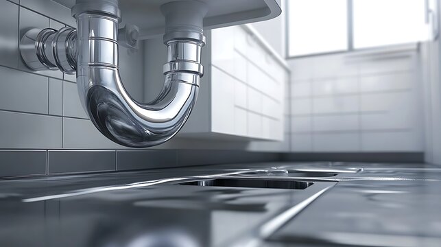 Modern kitchen sink with sleek silver pipes and tiled wall
