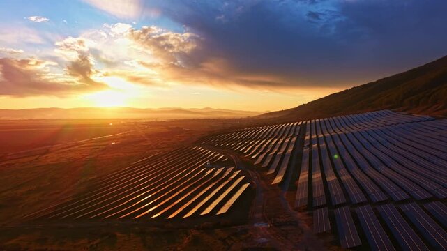 Rows of solar panels stretch across land as the sun sets in the background. Light reflects off the panels while clouds drift in the sky, creating a scene of renewable energy.