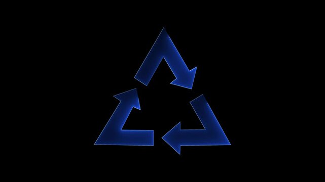 Futuristic neon blue recycle icon, glowing triangular arrow symbol for environment and eco technology on black background.