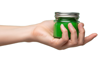 Hand holding green glitter in jar, isolated on transparent background