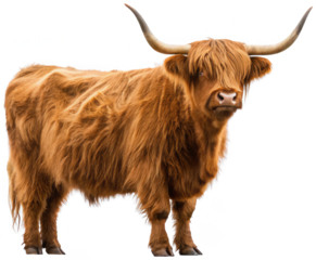 A majestic, shaggy Highland cow with a thick, reddish-brown coat of long, flowing fur and impressively large, curved horns stands alertly in a three-quarter, isolated on transparent background.