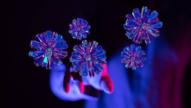 Artistic render of crystals floating near a hand in neon light. Conceptual image of technology and innovation,