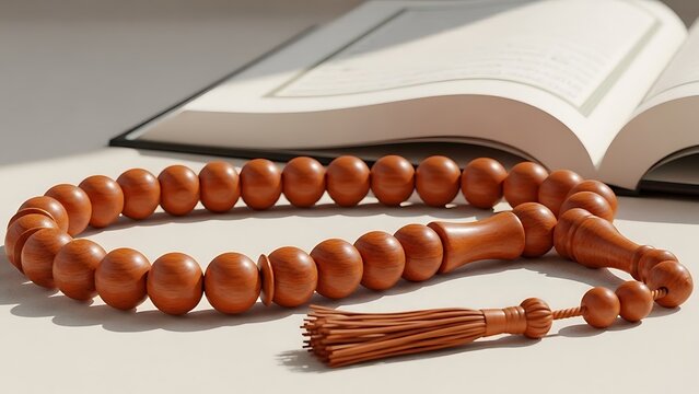 Open Holy Quran book with wooden prayer beads on white fabric background, Islamic concept. - Powered by Adobe