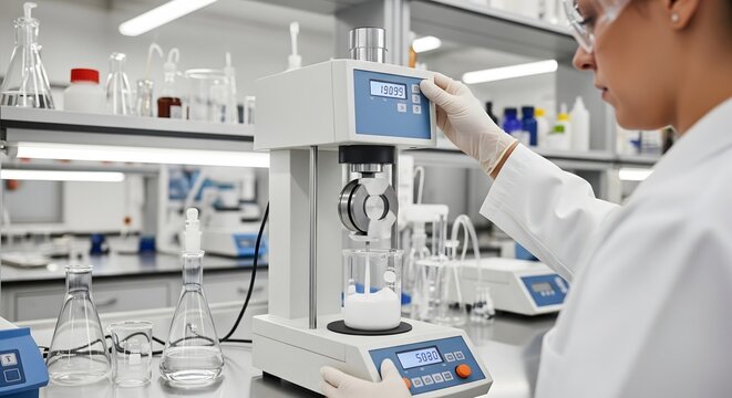 Scientist in white lab coat and gloves operates rheometer equipment in a research laboratory