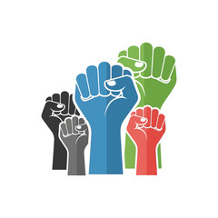 Obraz premium Five fists raised in solidarity, colored black, grey, blue, red, and green.