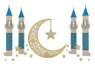 Illuminated mosque towers with crescent and stars isolated on transparent background