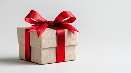 Obraz premium Gift box wrapped in a red ribbon sits on a light background