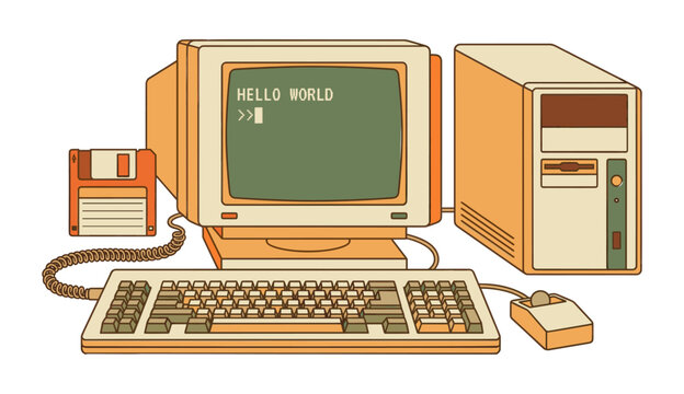 Retro computer setup displaying Hello World programming text