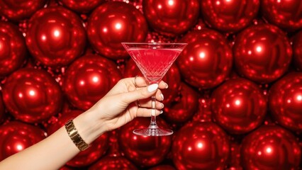 Woman's hand holding a pink martini glass with red balloons