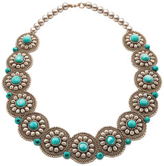 Intricate and ornate silver-toned beaded necklace featuring repeating patterns of detailed floral filigree and vibrant turquoise cabochon stones, arranged in a, isolated on transparent background.