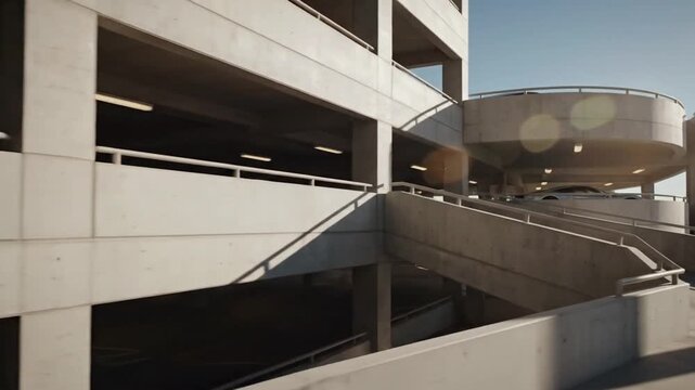 Modern concrete parking garage with ramps